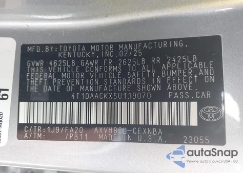 2025 Toyota Camry Le z USA, uszkodzony, nr VIN 4T1DAACKXSU119070